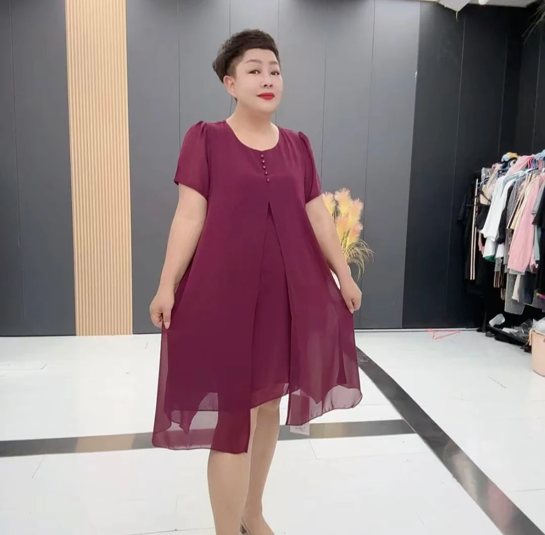 3077夏季大码纯色圆领宽松显瘦气质连衣裙