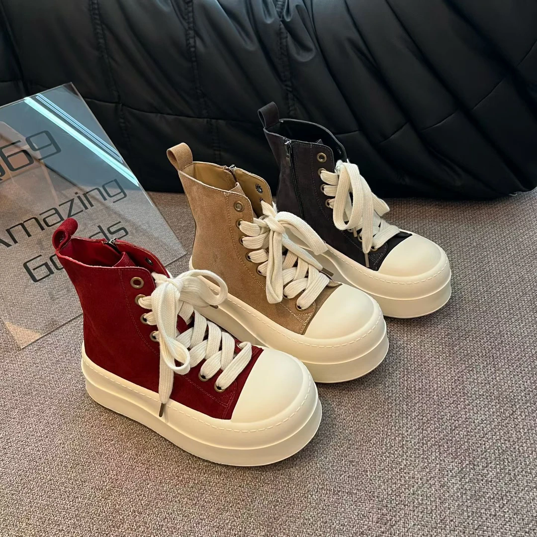 广州欧货【火焰红】早春新款6cm真皮韩版中筒英伦圆头轻奢马丁靴