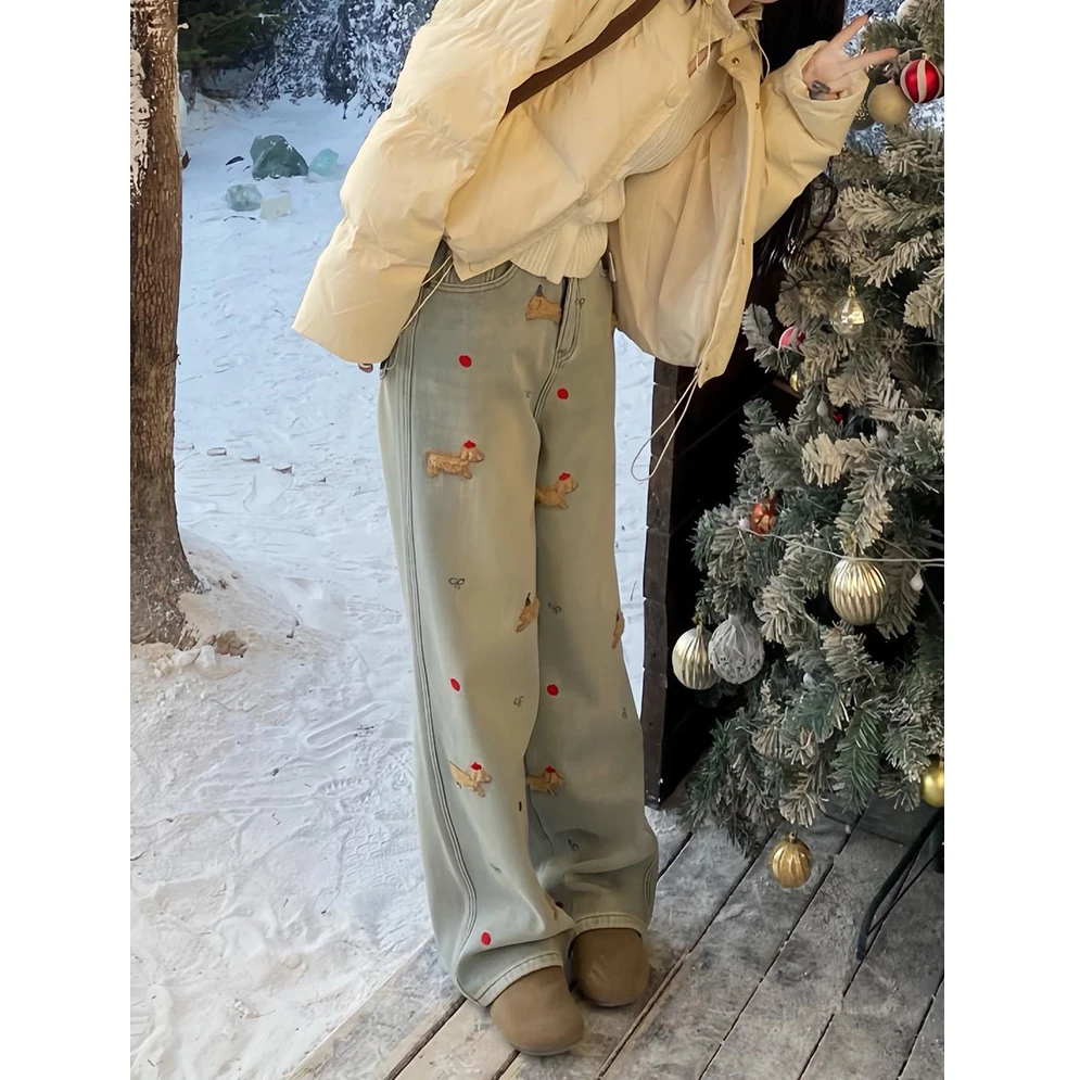 大码刺绣小狗牛仔裤女2024秋冬季新款高腰显瘦加绒保暖阔腿拖地裤