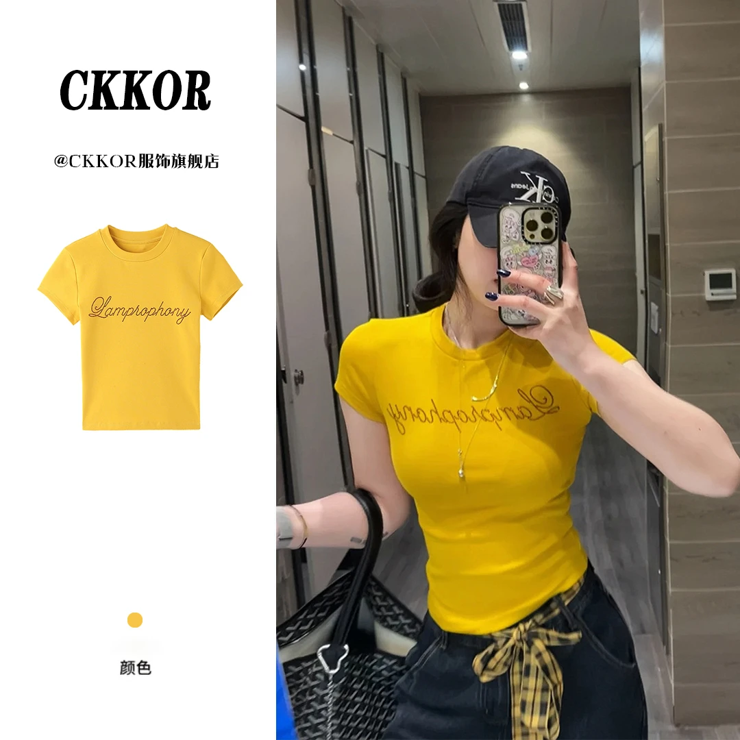 CKKOR夏季新款修身显瘦正肩短袖t恤女韩版烫钻设计辣妹风穿搭上衣
