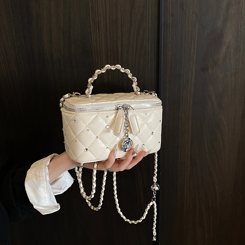 时尚菱格链条小包包女2025新款高级感亮钻盒子包洋气单肩斜挎包潮