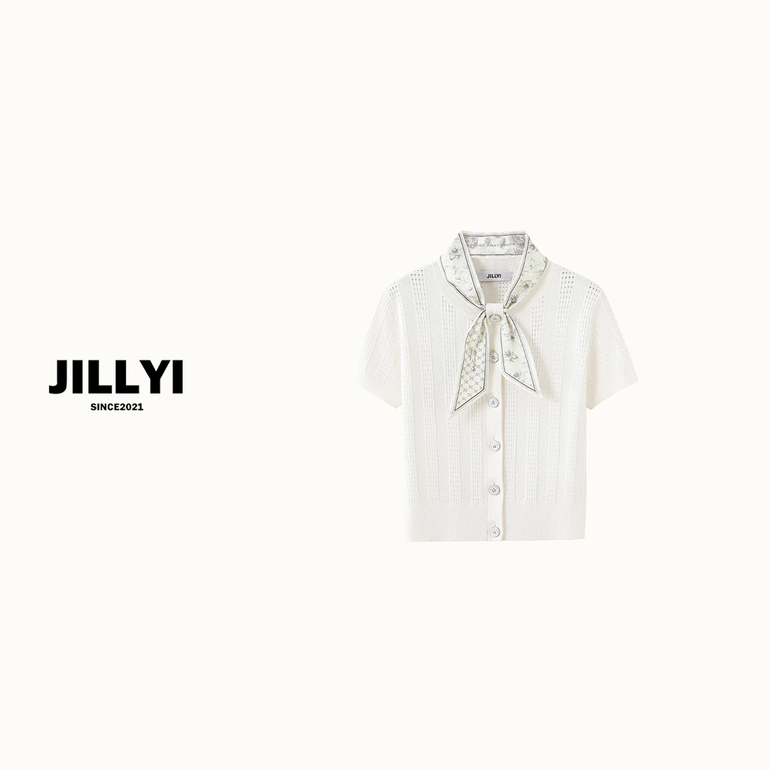 jillyi【洁白雪山】白色夏季百搭甜美风薄款短袖时尚气质针织衫