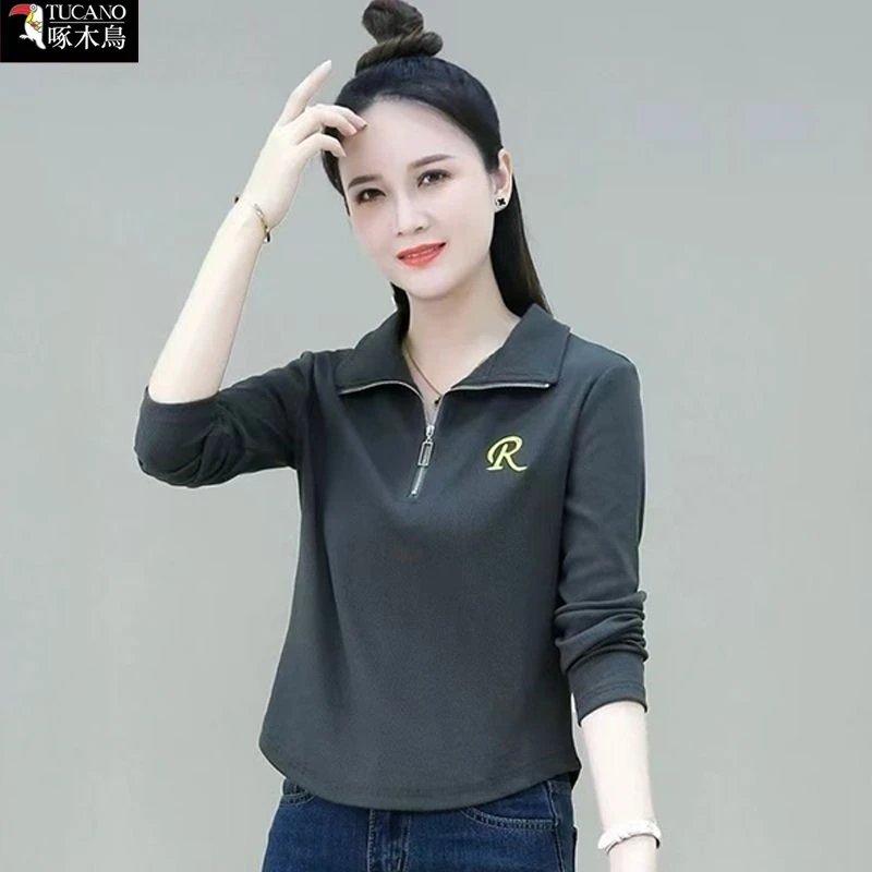 啄木鸟秋季长袖女半拉链翻领打底T恤2025年新款修身显瘦刺绣上衣