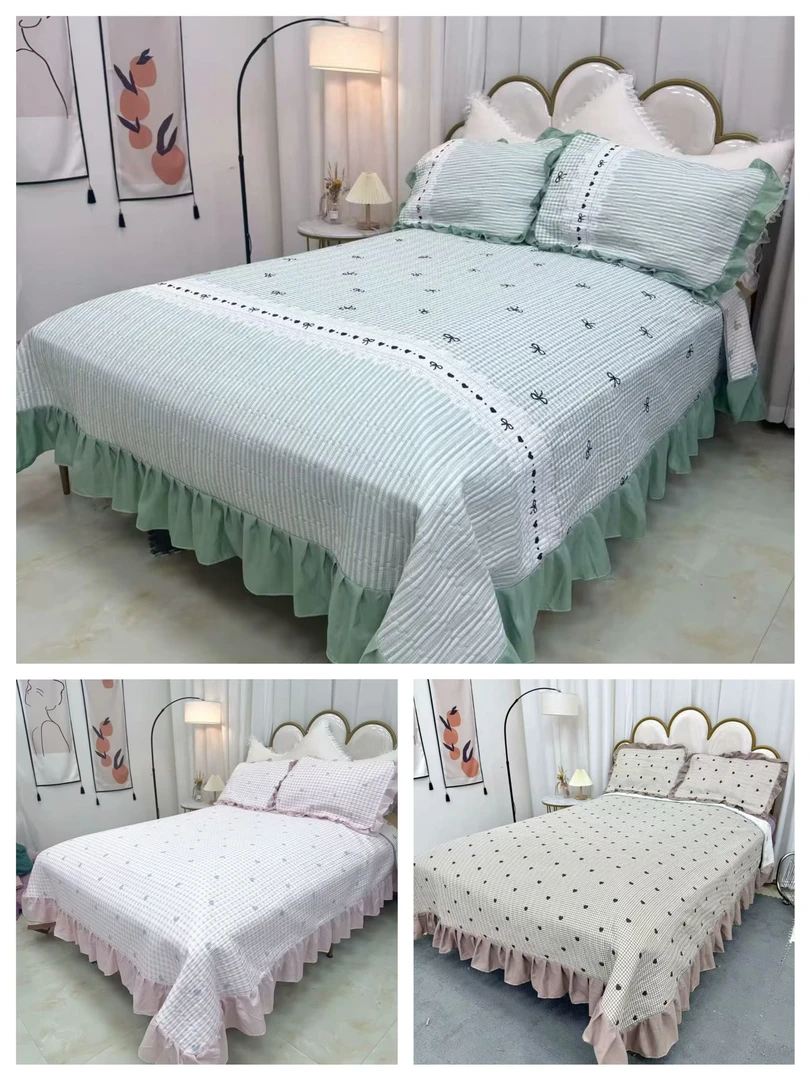 四季新款水洗棉花边床盖面料柔软亲肤，防滑不跑床