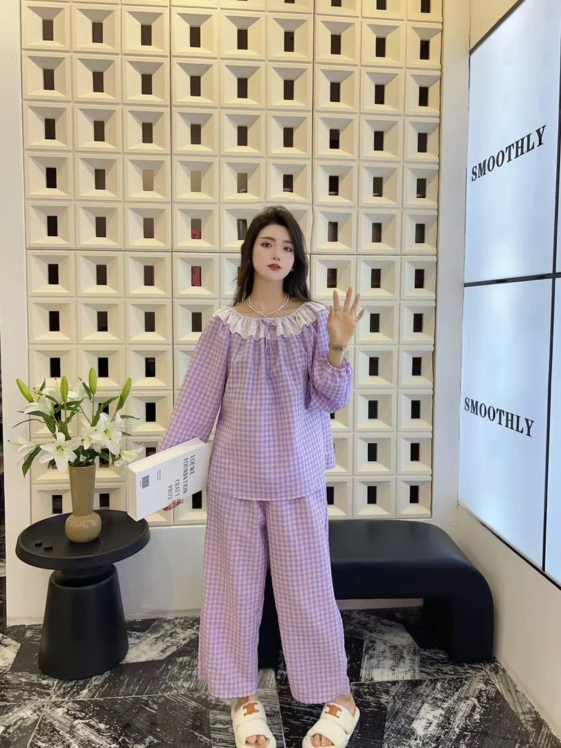 潼9158韩版ins甜美睡衣女春秋季新款网红宽松休闲蕾丝边家居服