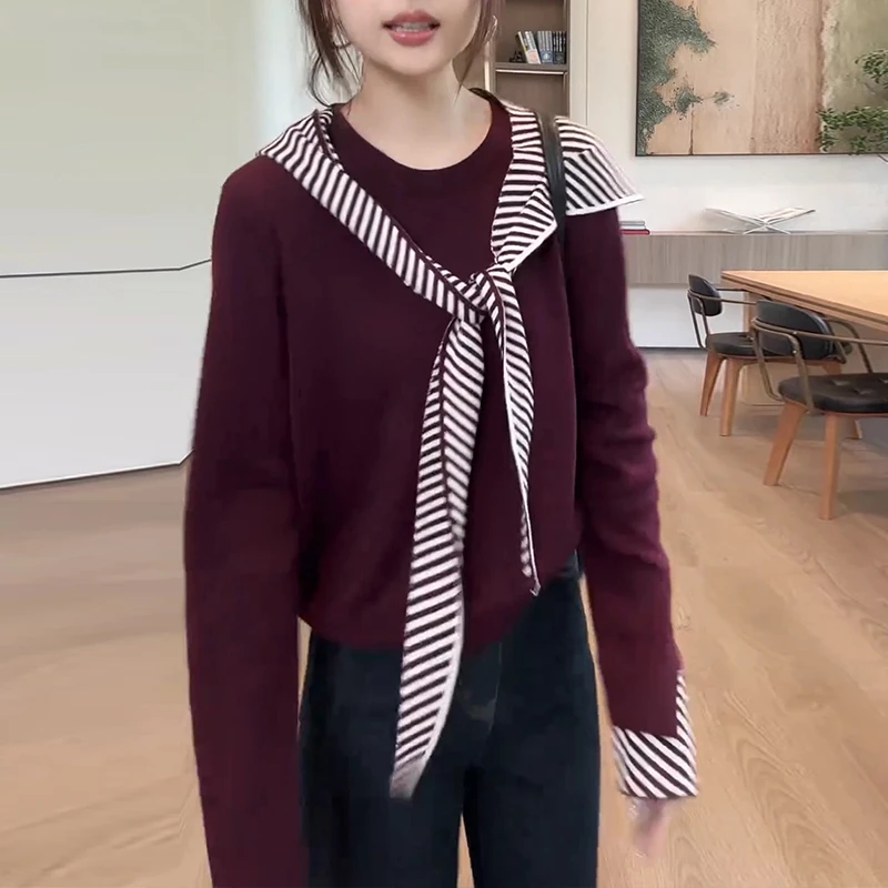 韩系拼接斜条纹袖口套头长袖针织衫女2025春秋新款高级感上衣