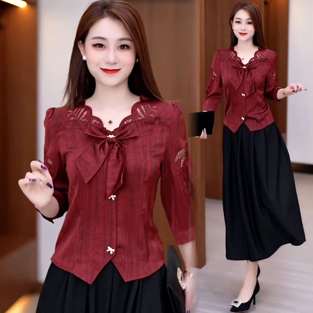 设计感2025春夏新款蝴蝶七分袖新中式蕾丝打底衫气质洋气显瘦衬衫