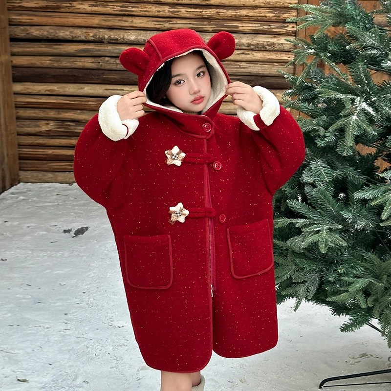 女童新年衣服外套冬季加厚呢大衣新款12女孩洋气加厚毛毛呢大衣潮