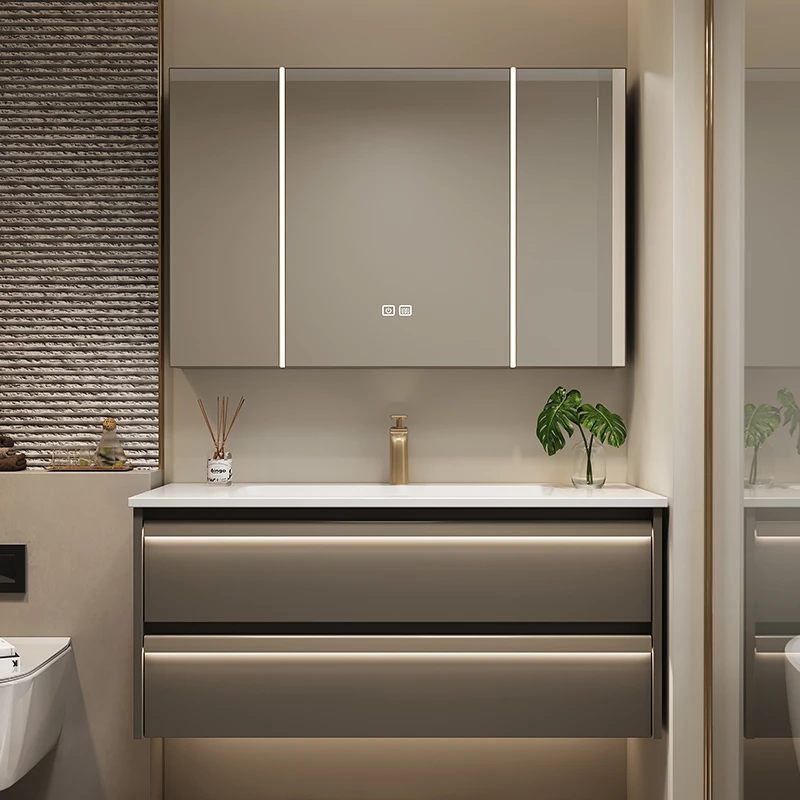 意式极简金属漆橡木浴室柜陶瓷一体盆水晶镜前灯新款洗手台洗漱柜