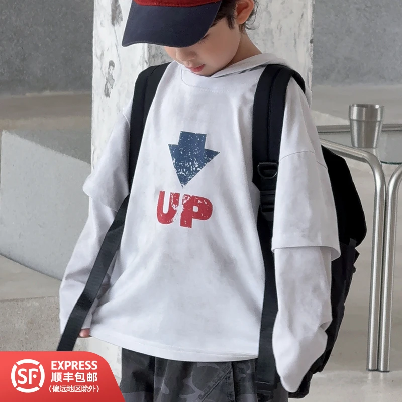 253594儿童春秋洋气百搭休闲时尚印花圆领连帽长袖T恤