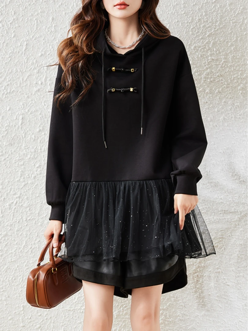 韩版时尚高级感拼接连帽卫衣连衣裙女秋季新款大码女装中长款上衣