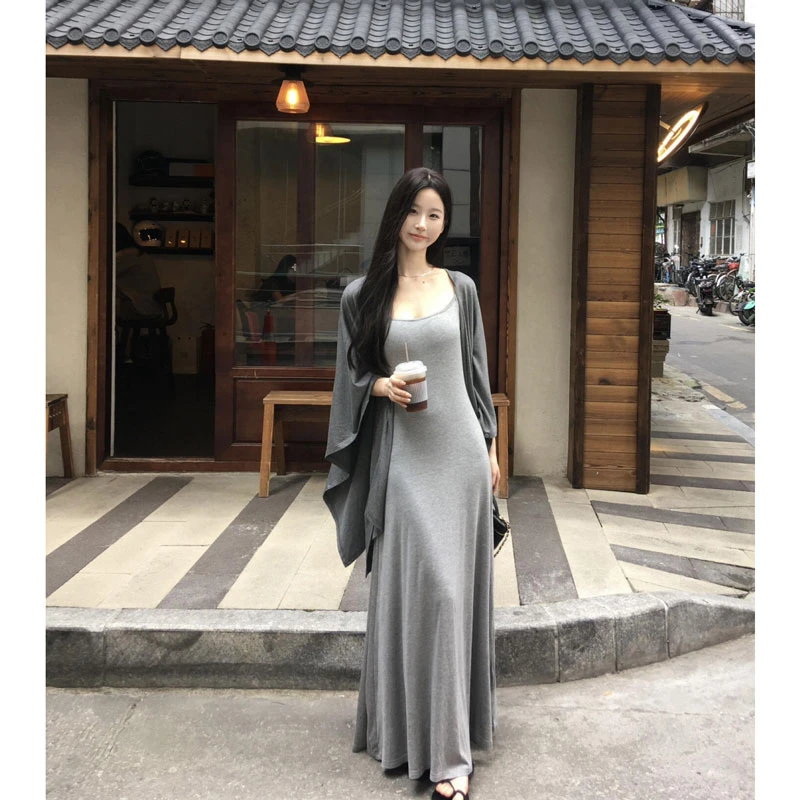 MARIE.COCO慵懒风气质灰色纯色吊带连衣裙高级感简约披肩开衫套装