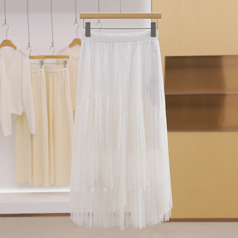 伍莎服饰云仓【佐】时尚修身高腰拼接蕾丝网纱半身裙