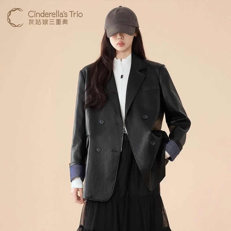 灰姑娘三重奏C·【活动】时尚气质百搭黑色pu西装外套H251119033