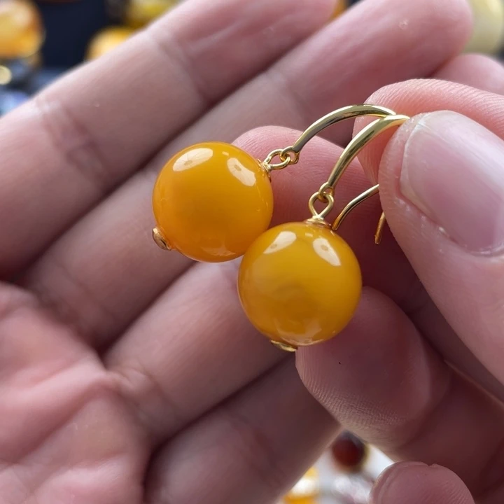 蜜蜡耳饰银S925镀金镶嵌