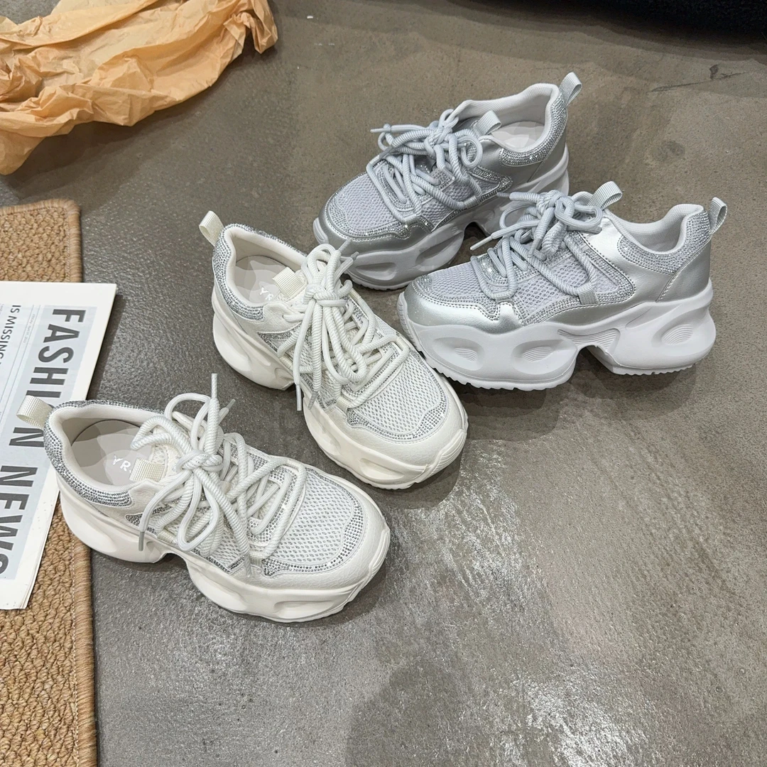 2518-1 夏季新品女真皮拼接网面水钻厚度增高老爹鞋轻盈透气时尚