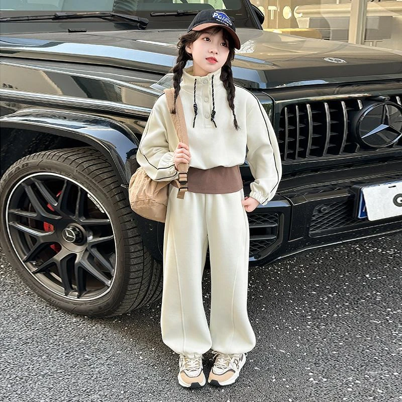 女大童春装假两件卫衣套装2025新款洋气女孩春秋休闲两件套潮