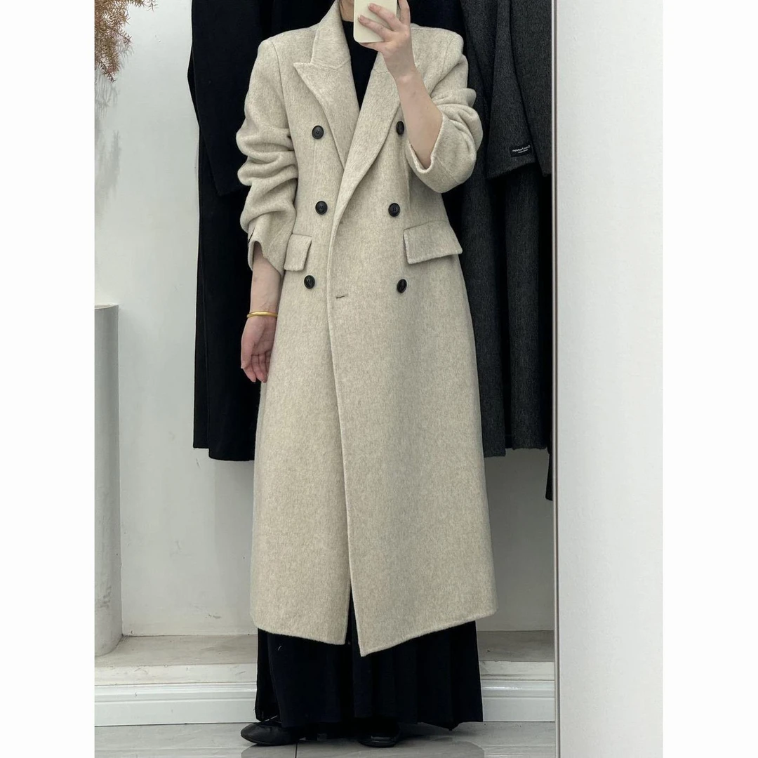 新款小蛮腰双面羊毛大衣女双排扣西装领韩版超收腰显瘦长毛外套女