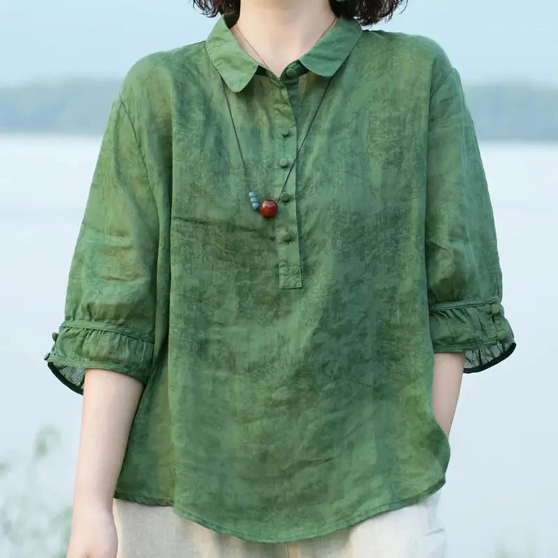 文艺印花复古中袖衬衫女夏季2024新款百搭衬衣宽松休闲Polo领上衣