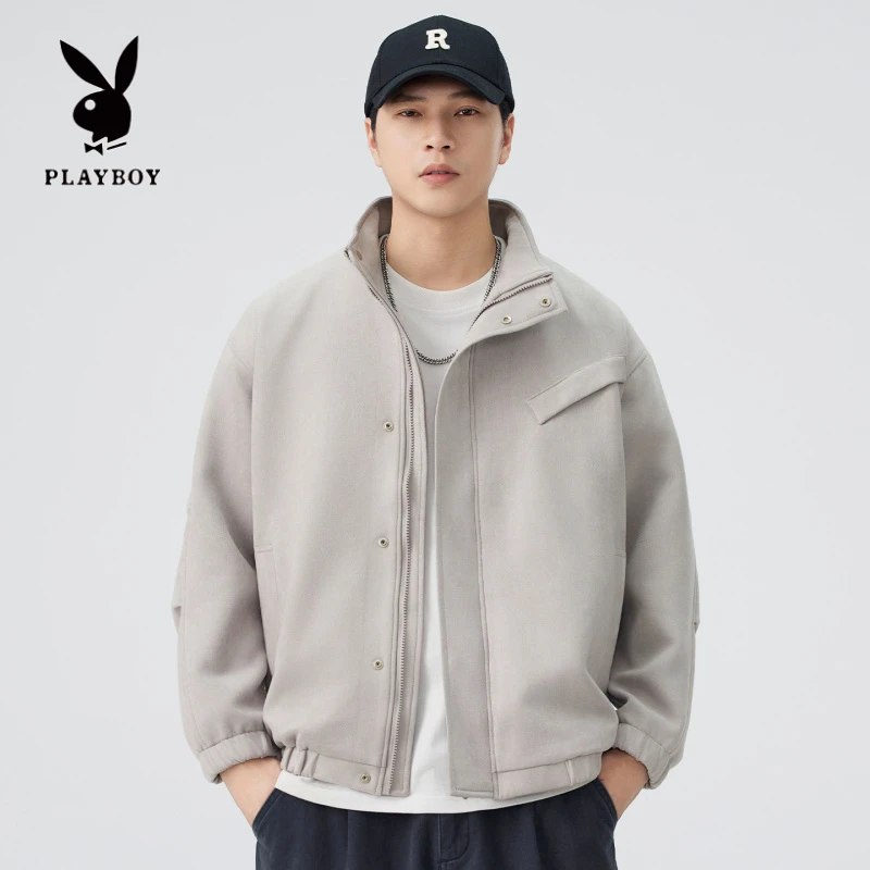 PLAYBOY/花花公子立领重磅麂皮绒皮外套男士春秋休闲宽松机车夹克