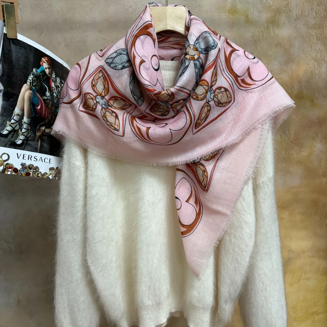 奢凌羊【浮梦巴黎】戒指绒秋冬印花时尚百搭披肩围巾