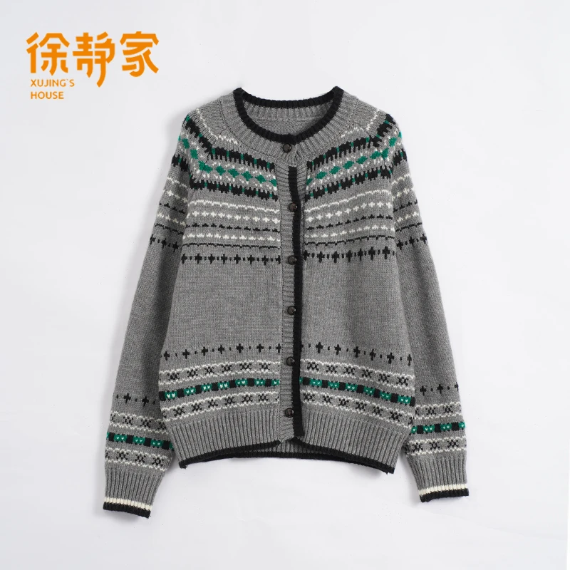 圆领系扣开衫毛衣女5040053