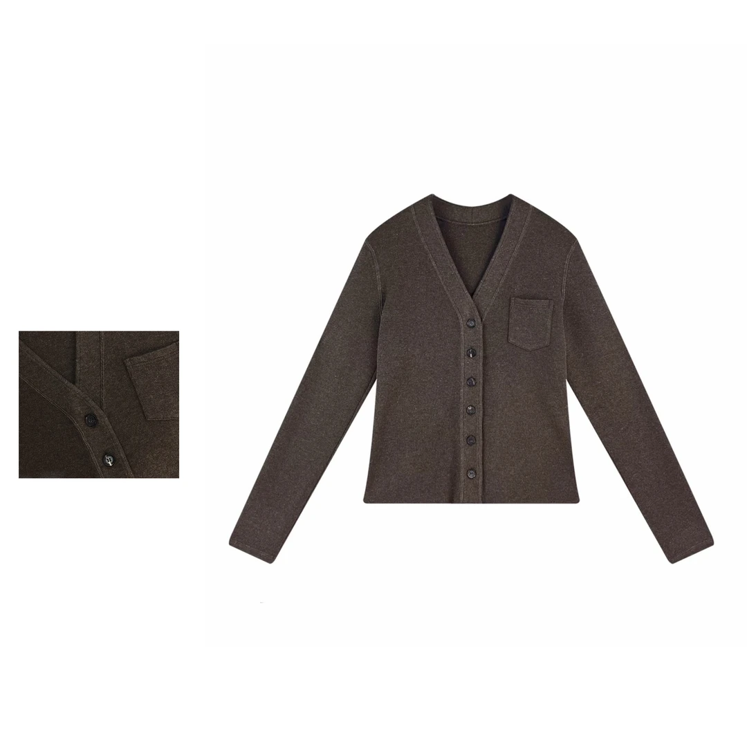 老钱美丽奴羊毛混纺单排扣V领长袖针织开衫