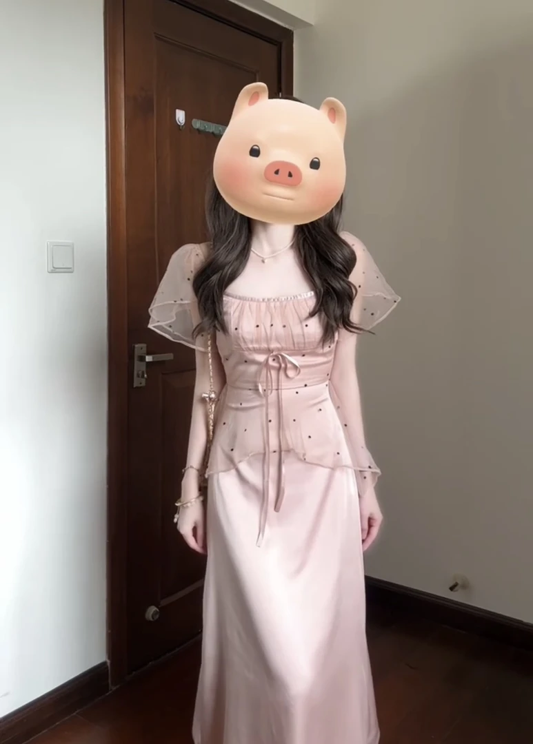 法式甜美拼接网纱波点连衣裙女夏季气质温柔风收腰显瘦a字长裙子