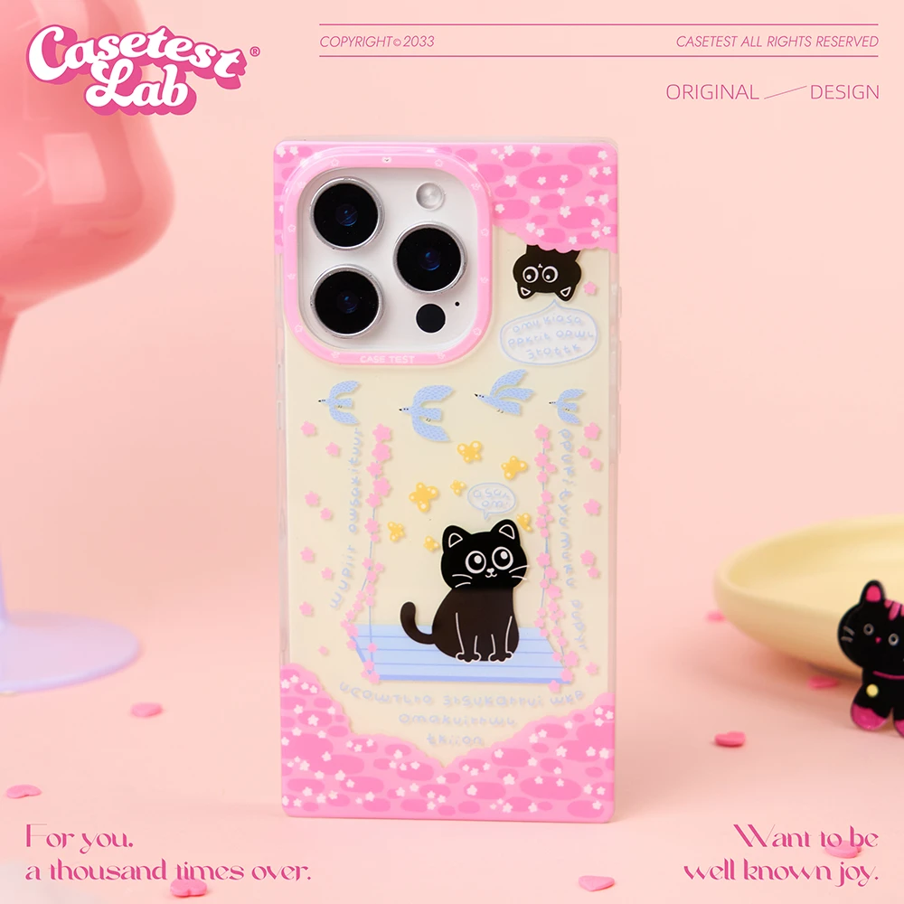 壳试验小猫的秋千双层适用苹果16 15 14promax方形手机壳新款卡通