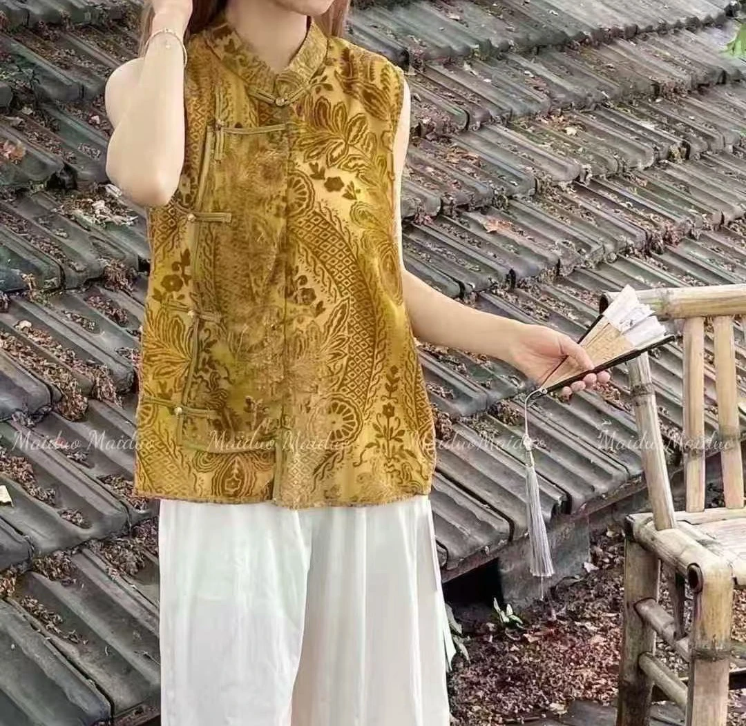 YZ 胸100长64圆领植绒提花唐装斜襟新中式叠穿气质上衣 1334