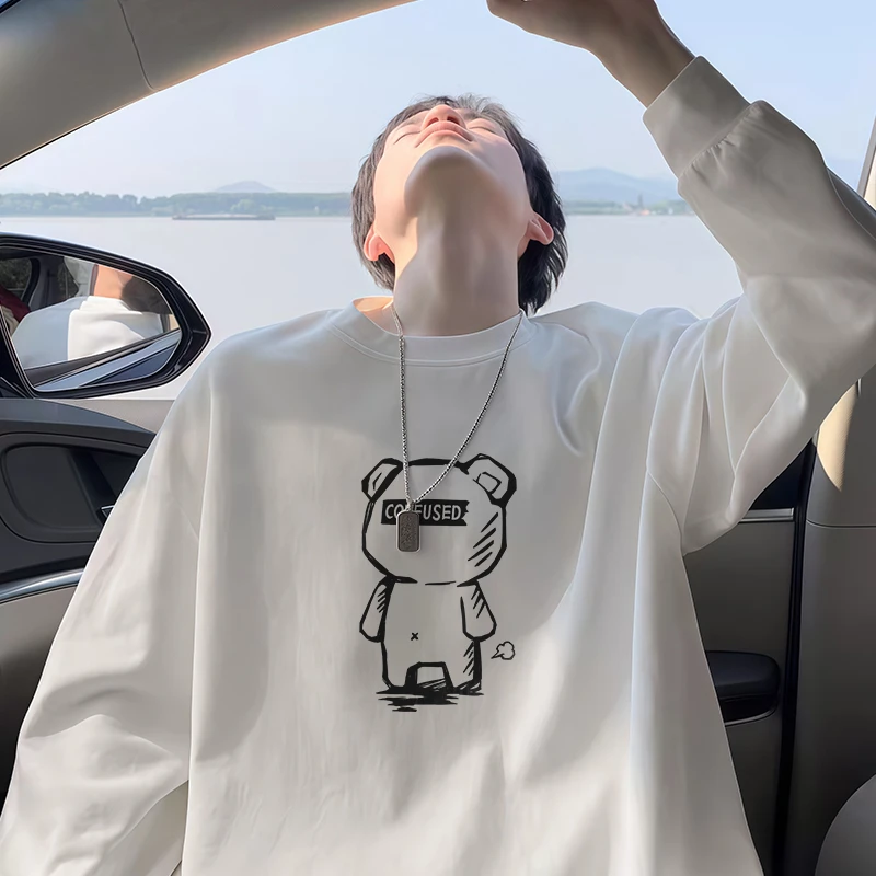 重磅纯棉长袖T恤男春秋宽松厚实圆领长袖t恤三本针纯白色打底衫