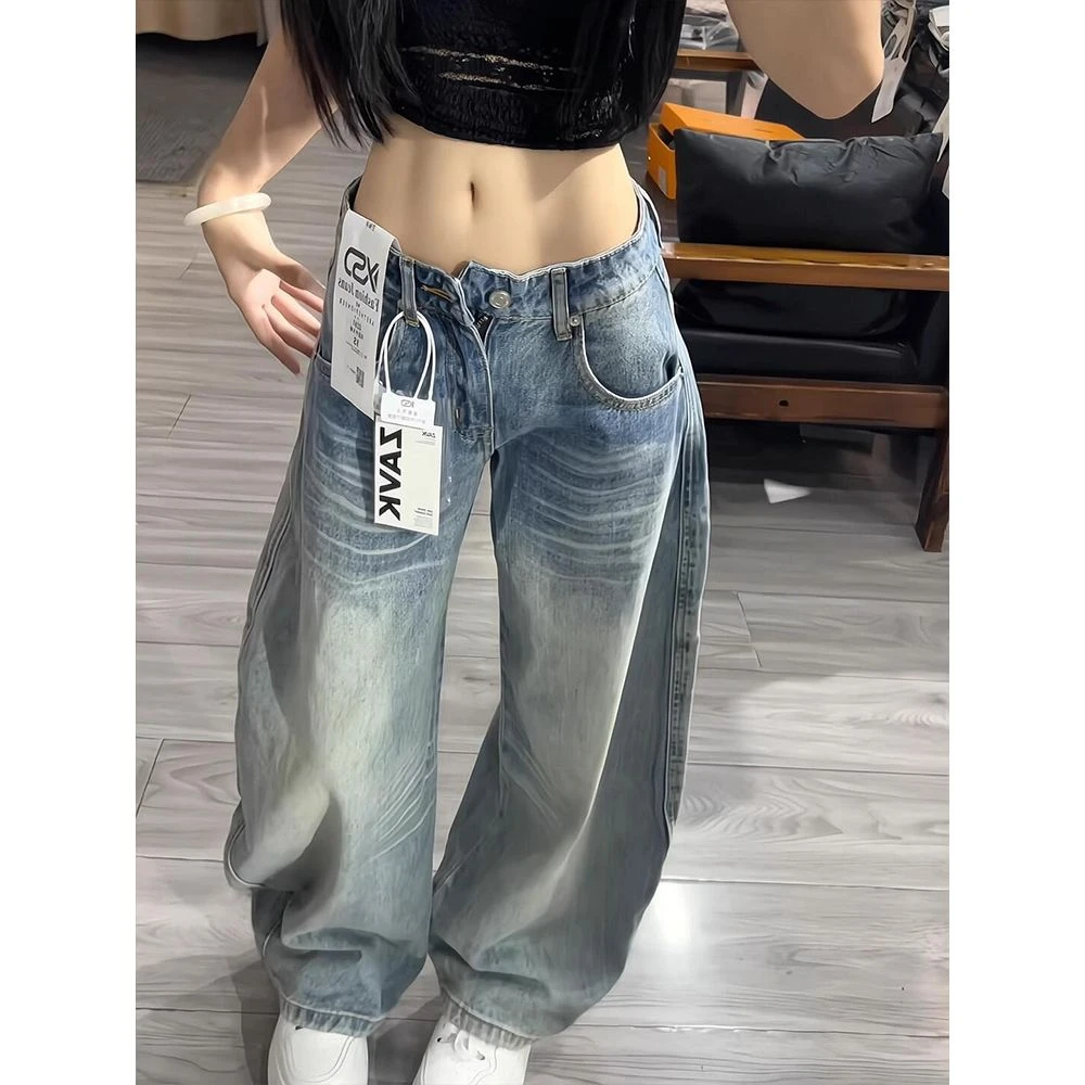 美式高街浅色水洗牛仔裤女春秋设计感小众宽松直筒慵懒弯刀阔腿裤