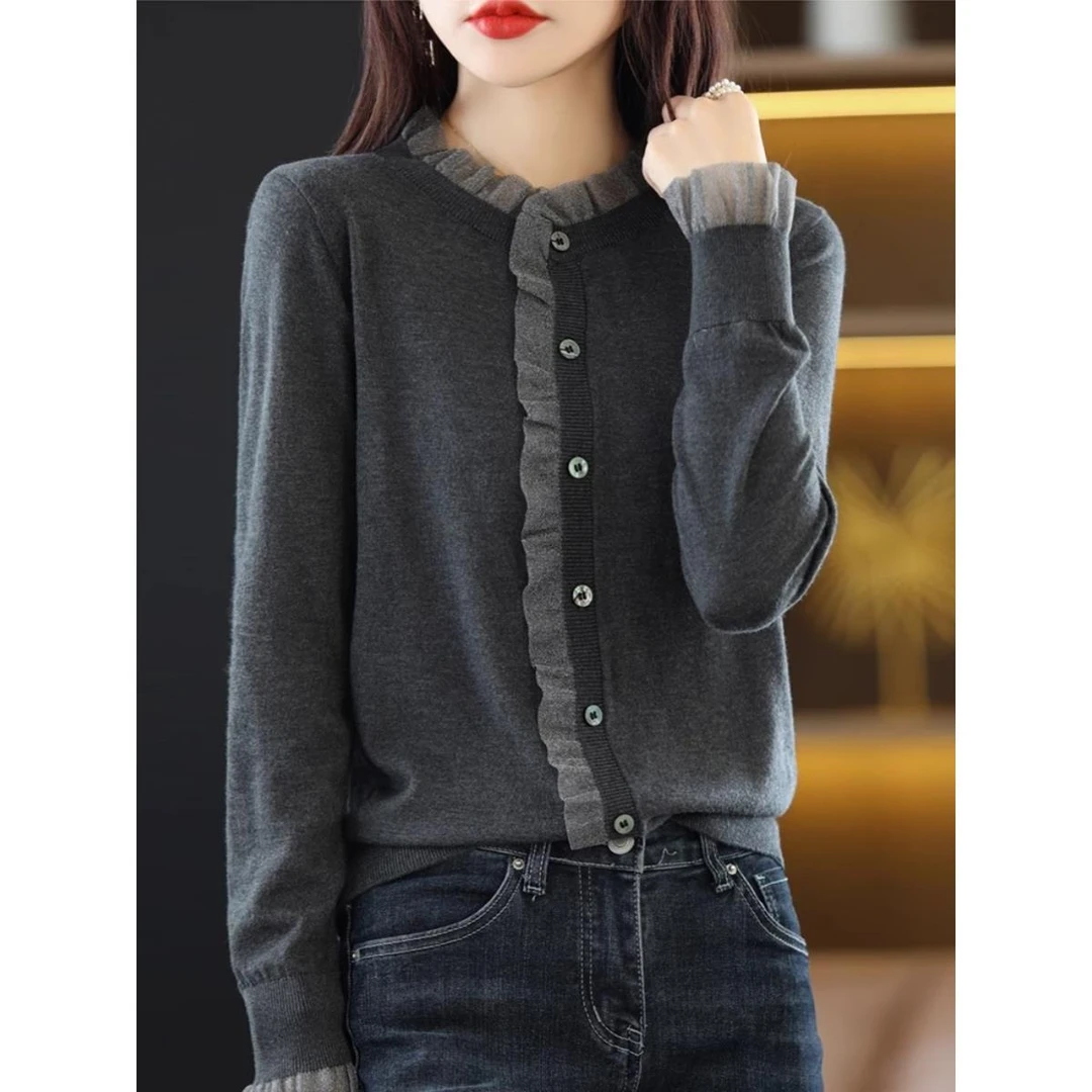 蕾丝针织开衫女春秋季毛衣外套大码打底衫燕麦色针织衫