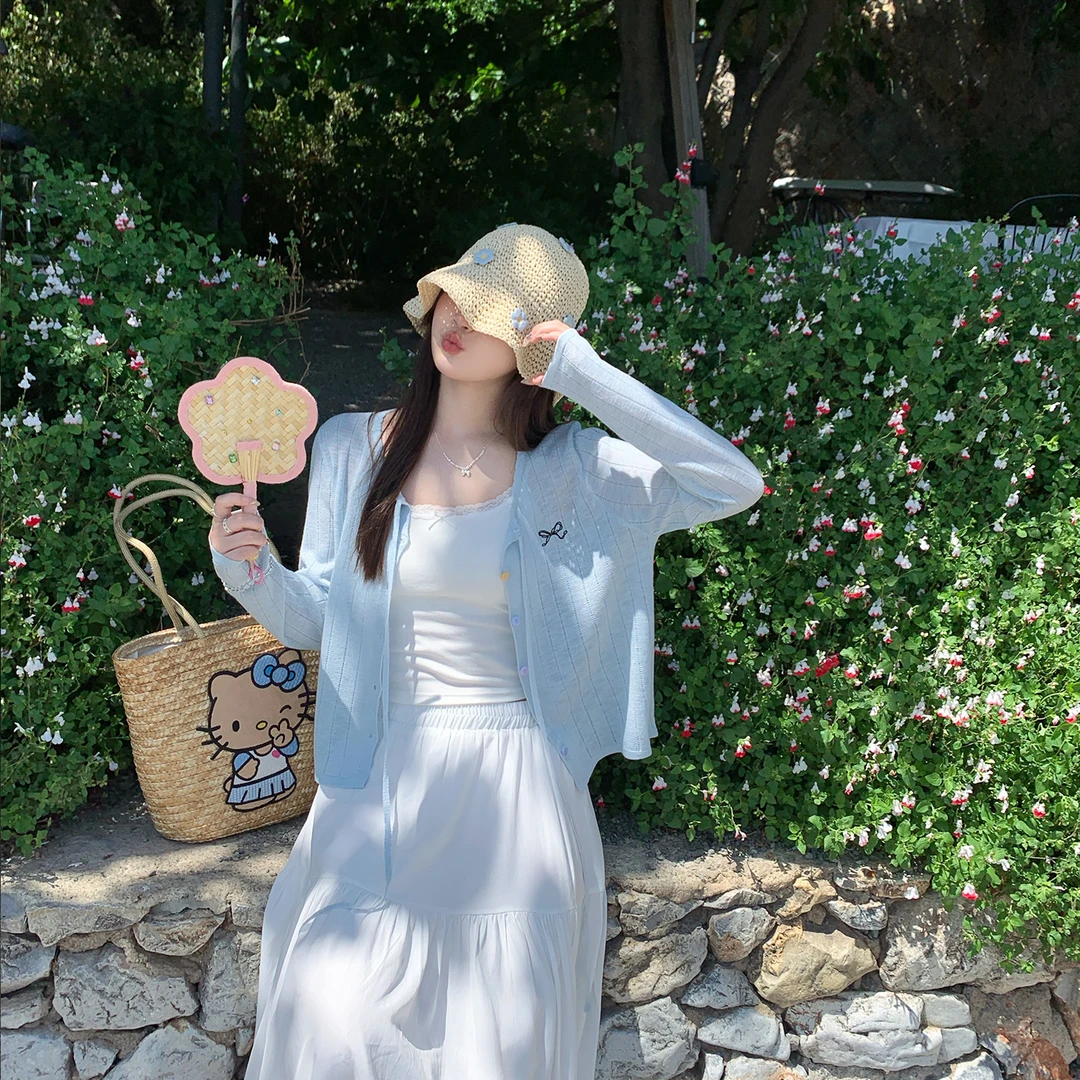 蓝色开衫薄款小外搭防晒罩衫女2025新款冰丝系带夏日轻薄针织上衣