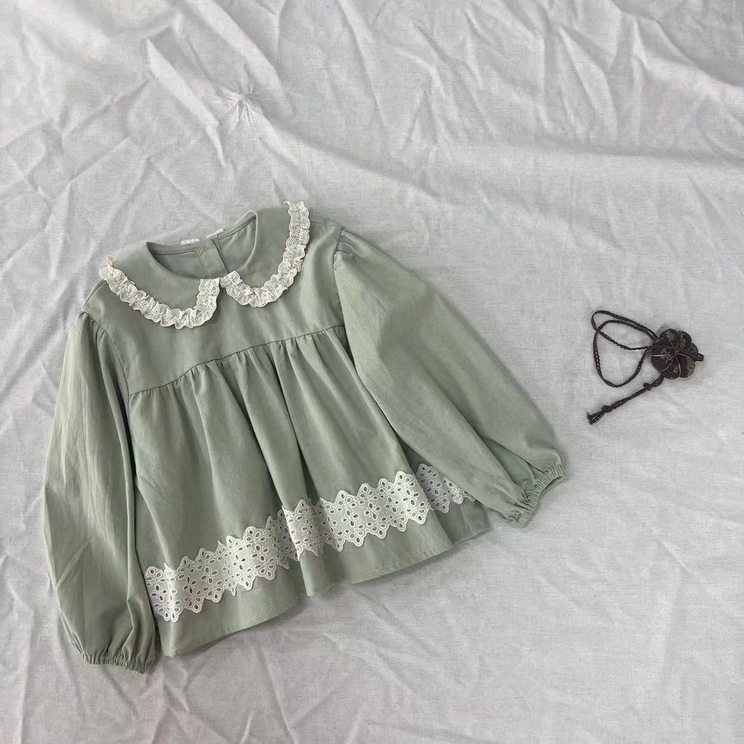 〖姐姐家〗2025春款儿童萌娃穿搭蕾丝小翻领洋气娃娃衬衫 bt119