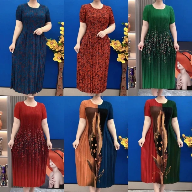 夏季冰丝褶皱连衣裙短袖百褶收腰宽松显瘦减龄妈妈装