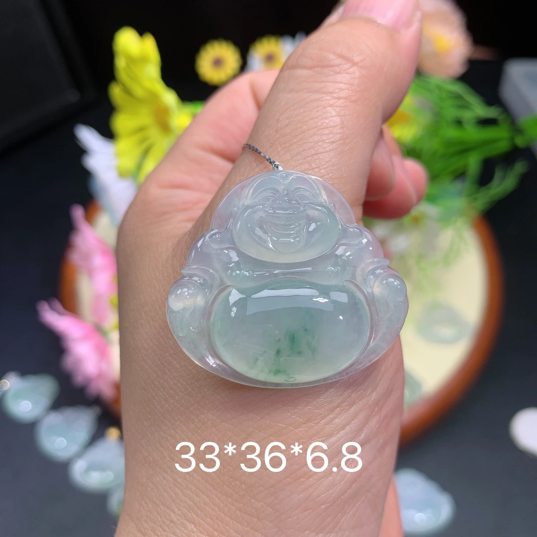 缅甸翡翠A货冰种飘花佛公喜挂件水润百搭精冰气妈妈精美玉石百搭