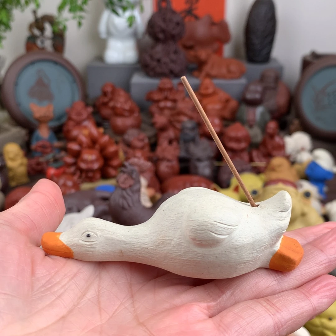 紫砂茶宠躺平鸭白段泥