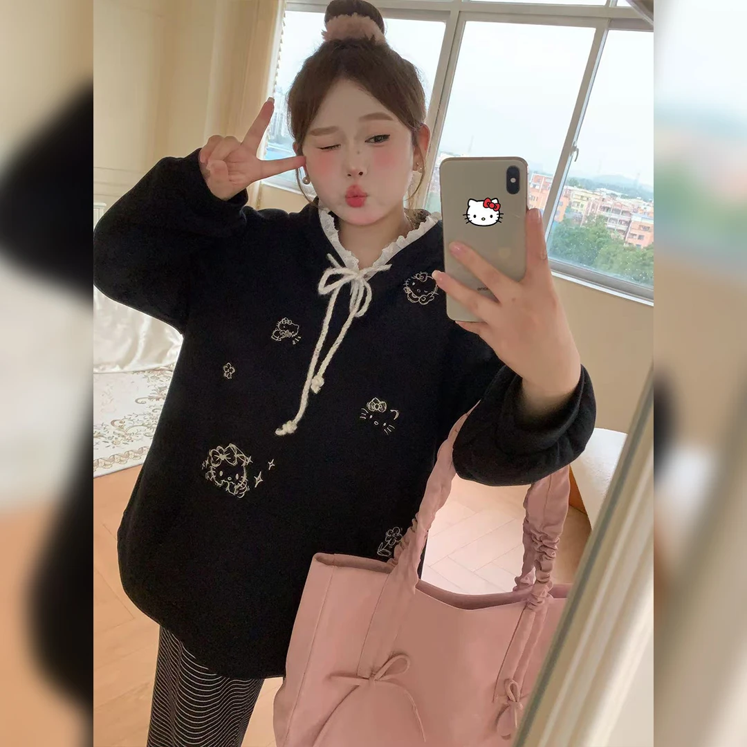 徐达布【屿月光捕】大码长袖黑色连帽卫衣女宽松上衣R37770C53