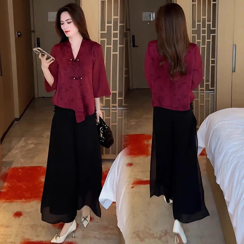 拉夏贝尔新中式套装女2025夏季新款高级感盘扣衬衫阔腿裤两件套裙