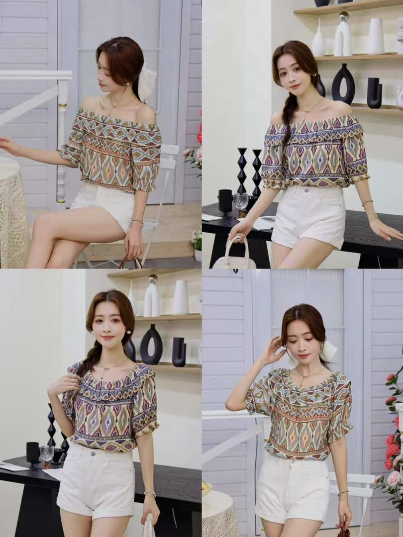 夏季碎花印花斜肩荷叶领雪纺小衫9520