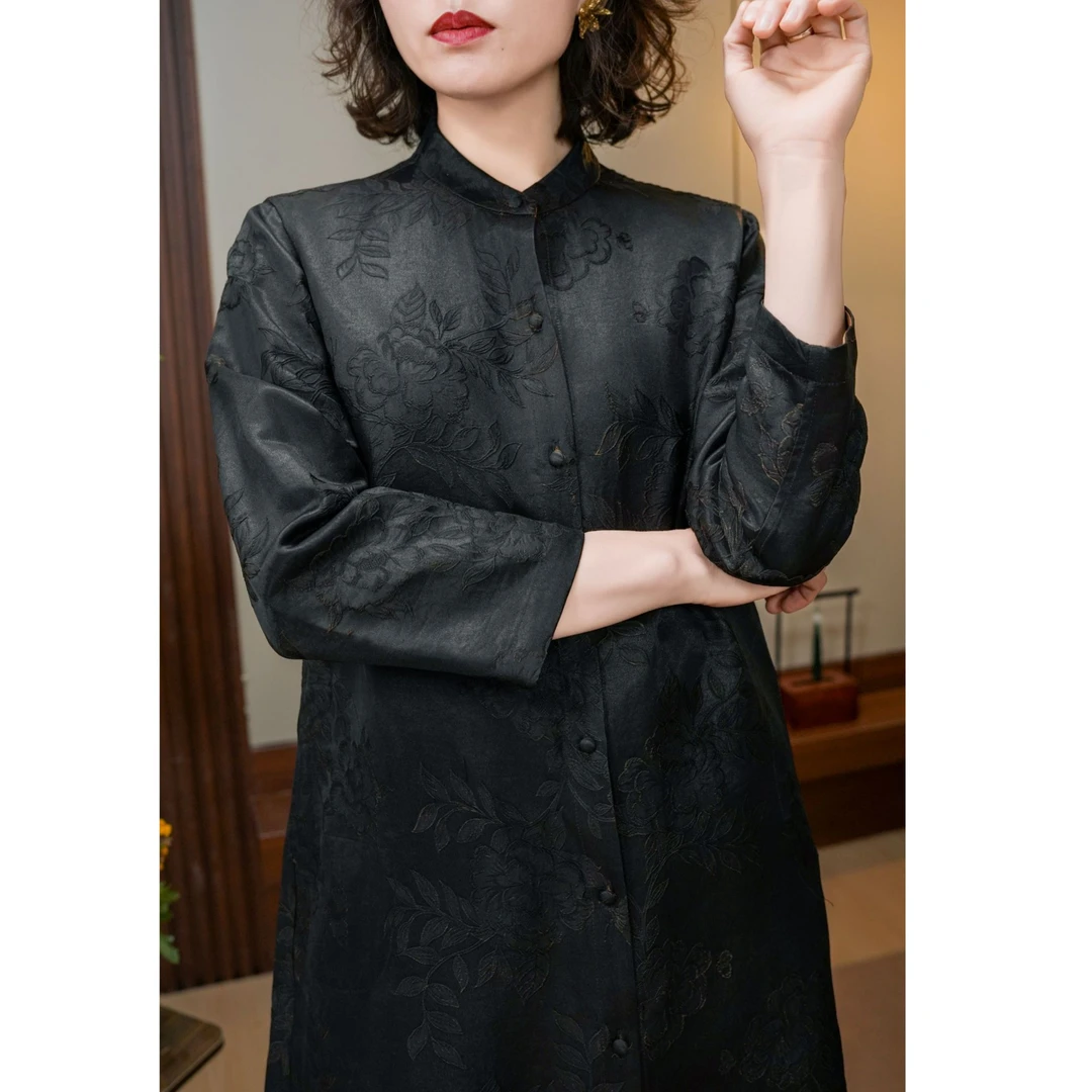 （古韵蚕依）2025款时尚百搭宽松版黑色提花上衣外套