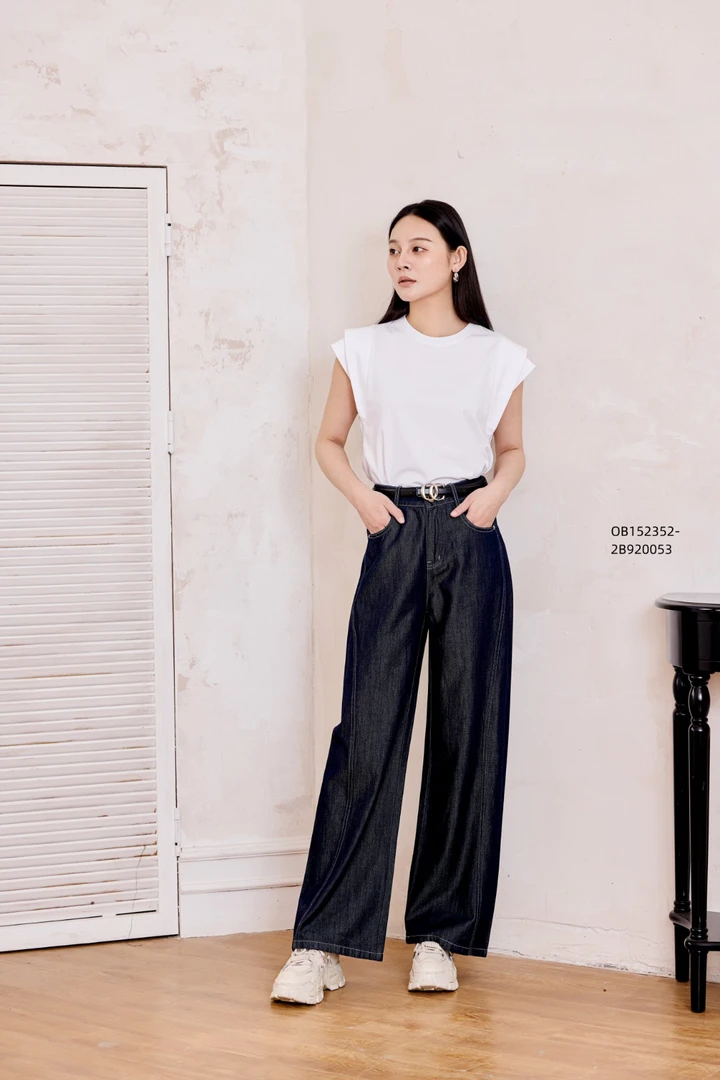 浩洋国际靛蓝色高腰显瘦牛仔裤