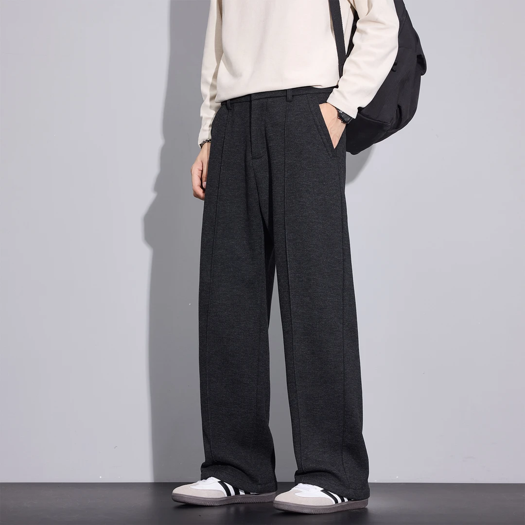 Kuvine高级感老钱风冬季加绒加厚羊毛西裤宽松直筒百搭男士休闲裤