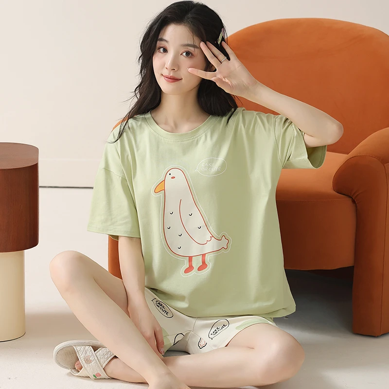 卡之恋夏季女士睡衣短袖浅绿色短裤套装简约纯棉家居服