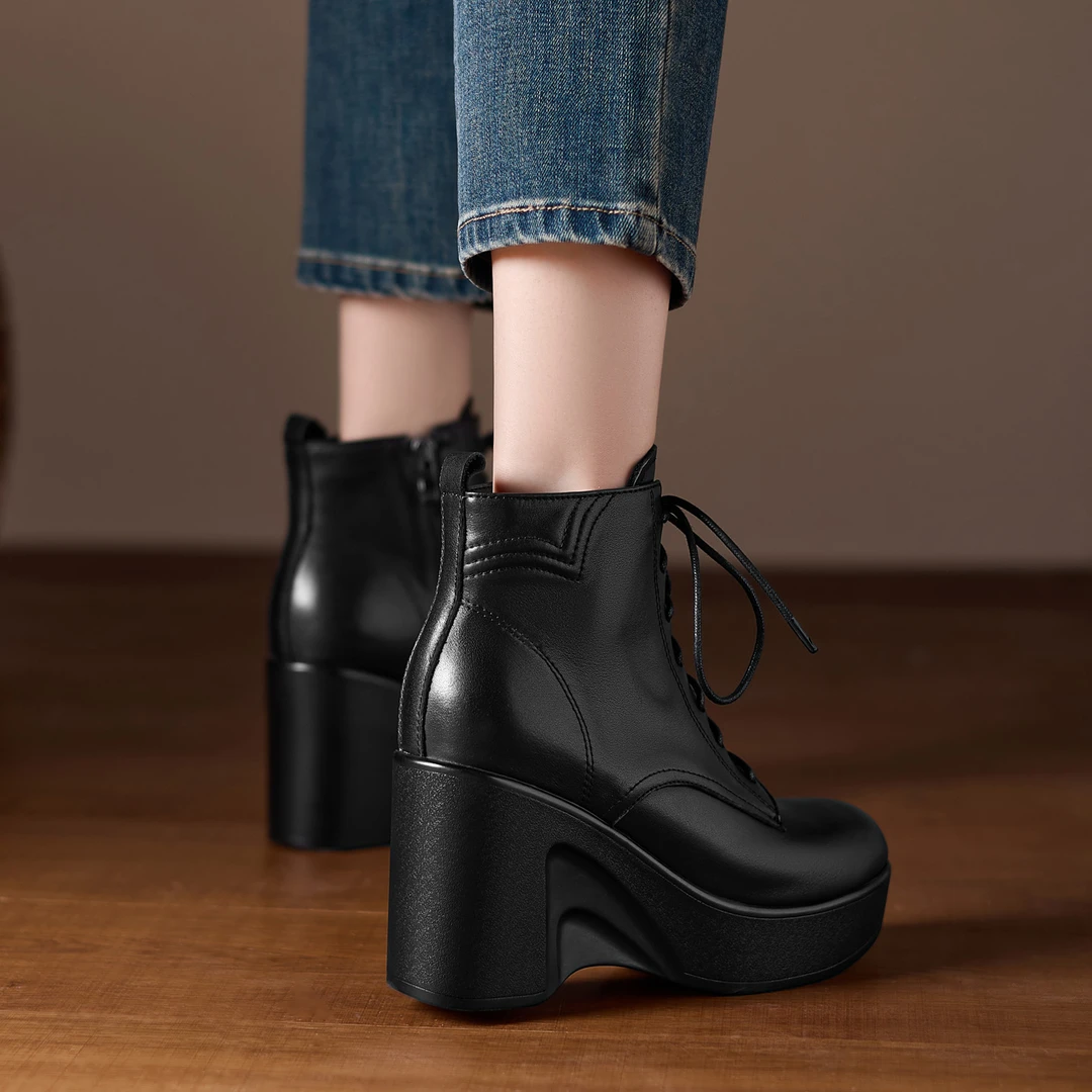 黑色小众设计厚底坡跟短靴休闲系带侧拉链马丁靴真皮圆头短筒单靴