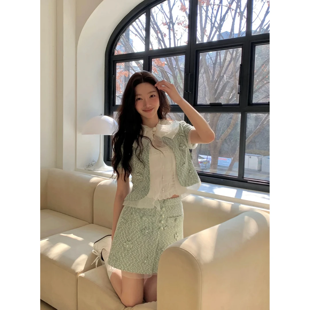 【DÉ MYSTÈRE】夏季新款钉珠花纱假两件外套+半裙套装女GFC250378