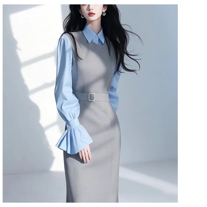 2025早春穿搭一整套职业女装小香风灰色背心连衣裙叠穿衬衫套装女