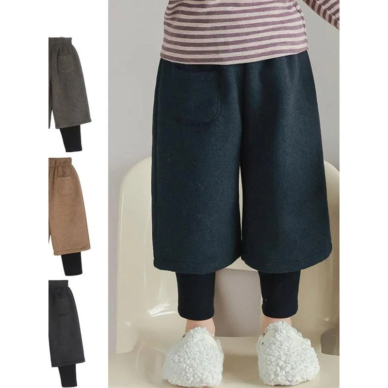 儿童假两件加绒阔腿裤子秋冬季靴裤男女童毛呢加厚长裤打底裤洋气