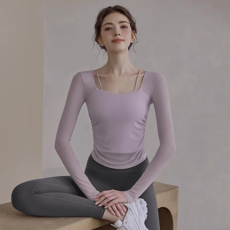 瑜伽服上衣女春季健身运动普拉提训练显瘦紧身带胸垫2025新款长袖